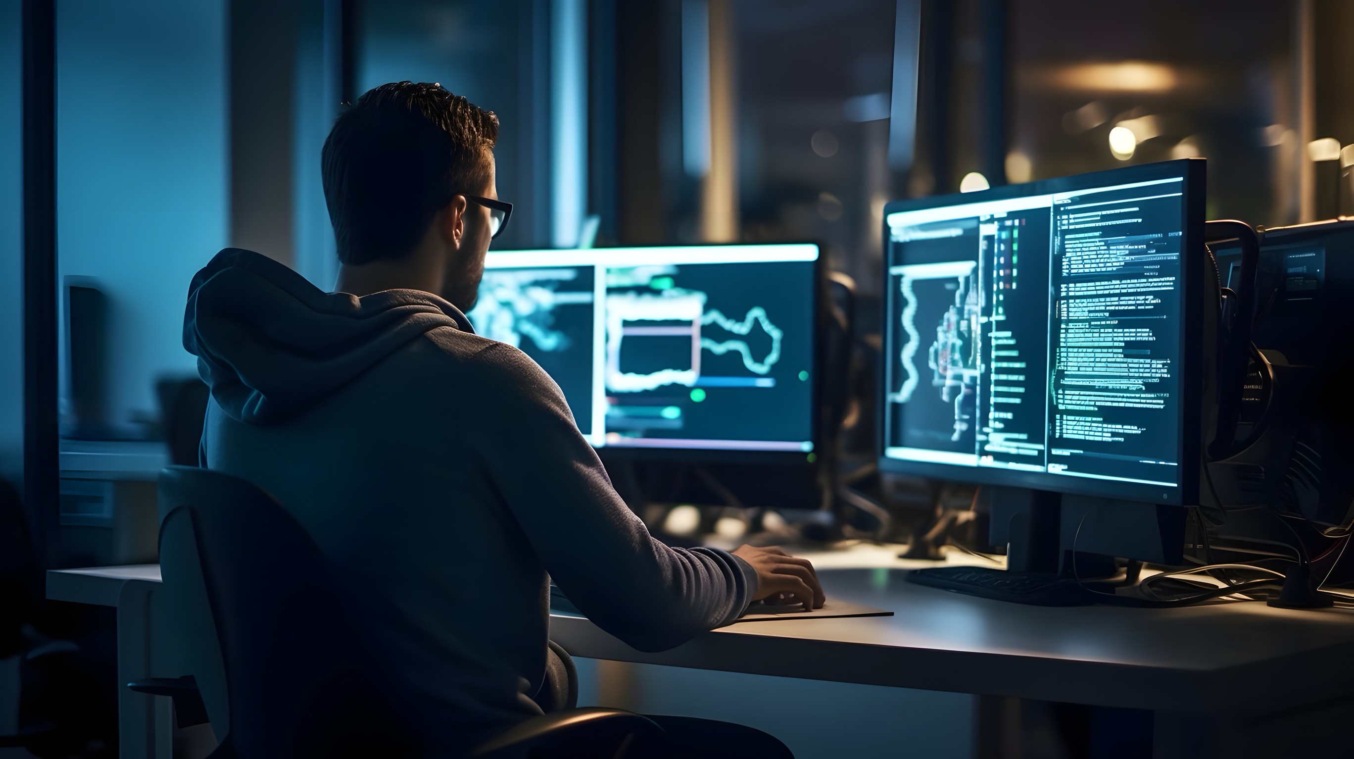 Developer integrating multiple business systems on screen
